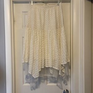 Asymmetrical Floral Lace Sheer Maxi Skirt Ivory Boho Chic Cottagecore XL Fairy
